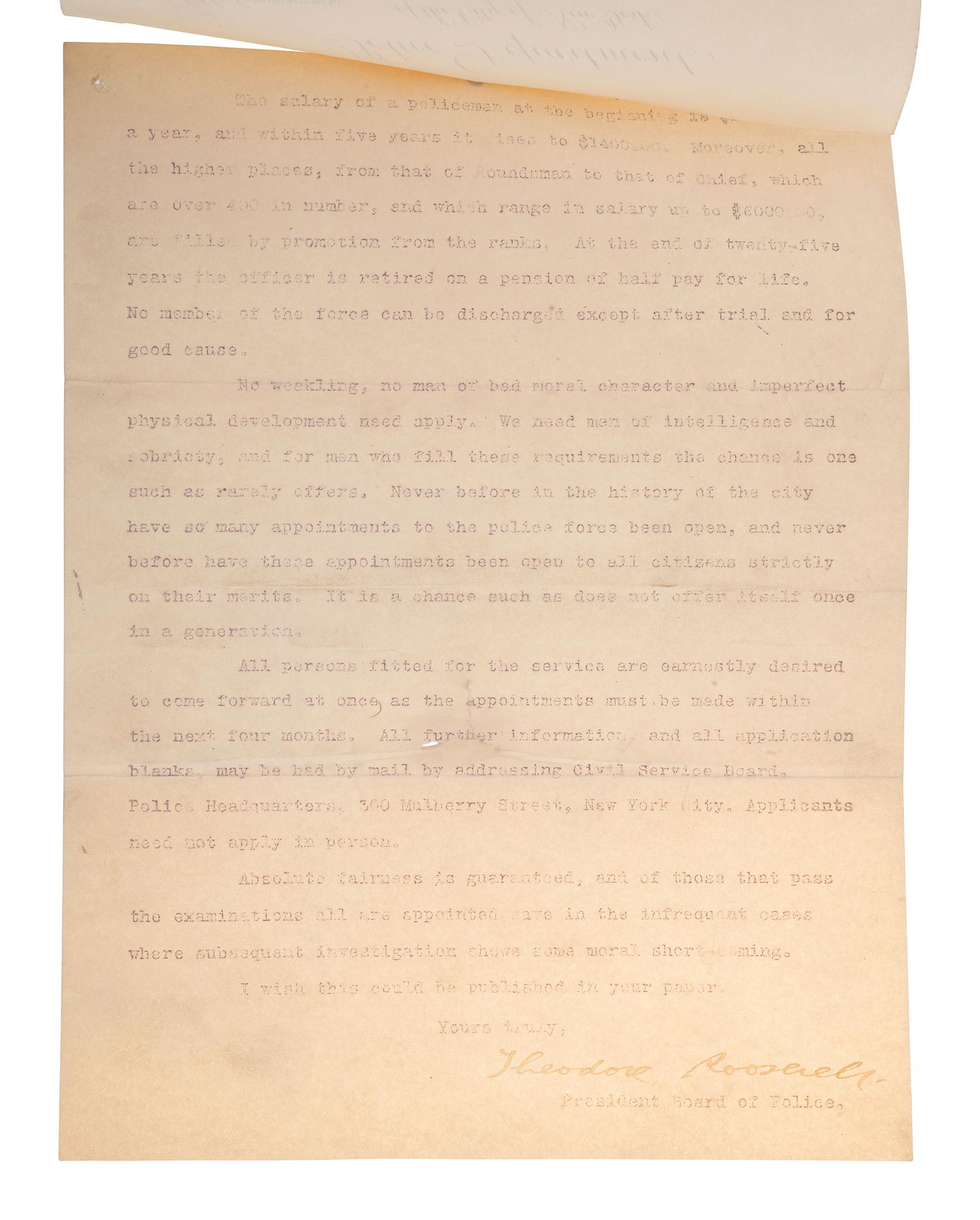 ROOSEVELT, Theodore (1858-1919). Typed letter signed ("Theodore Roosevelt"), as Police Commissioner. New York, 30 September 1896.