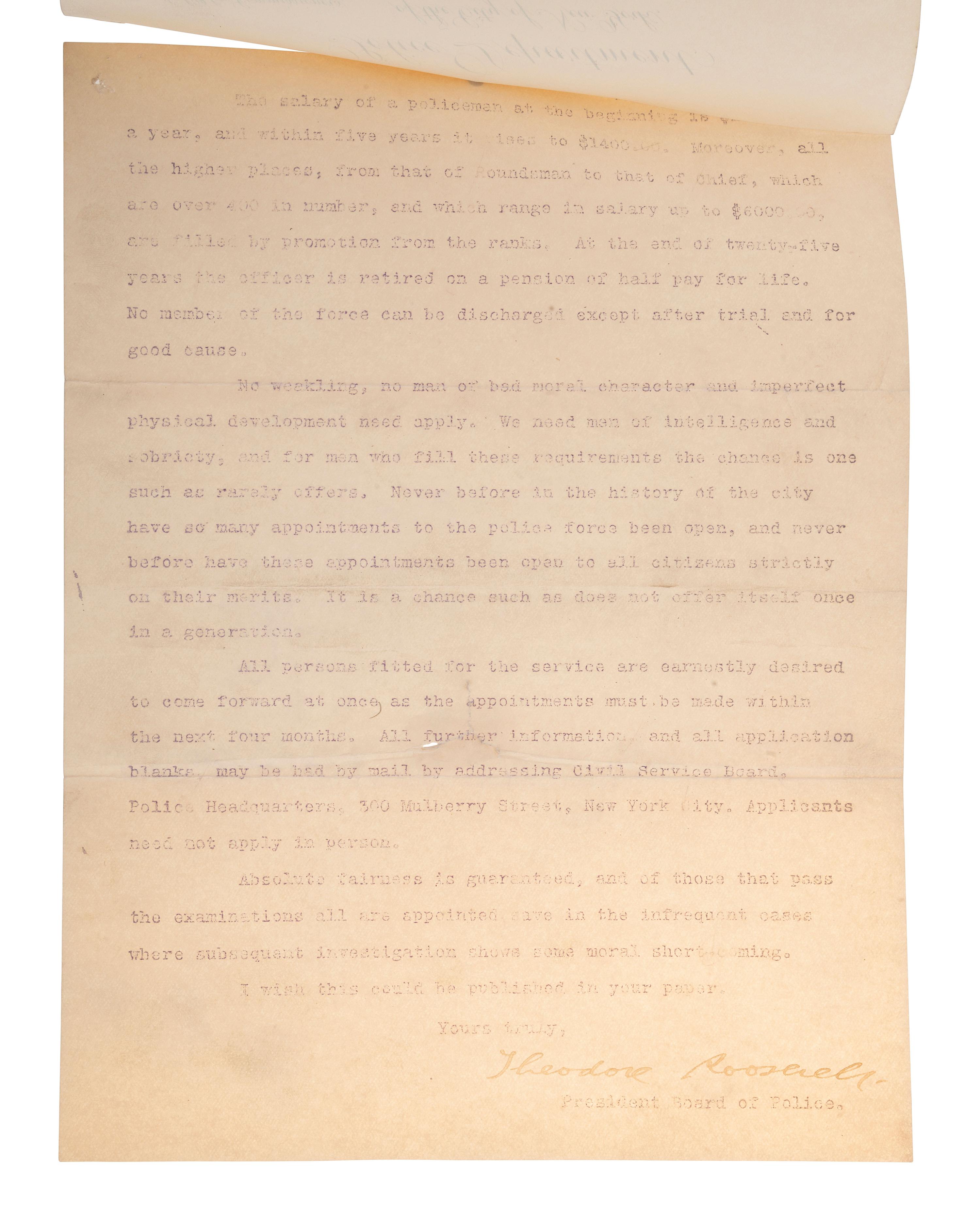 ROOSEVELT, Theodore (1858-1919). Typed letter signed ("Theodore Roosevelt"), as Police Commissioner. New York, 30 September 1896.