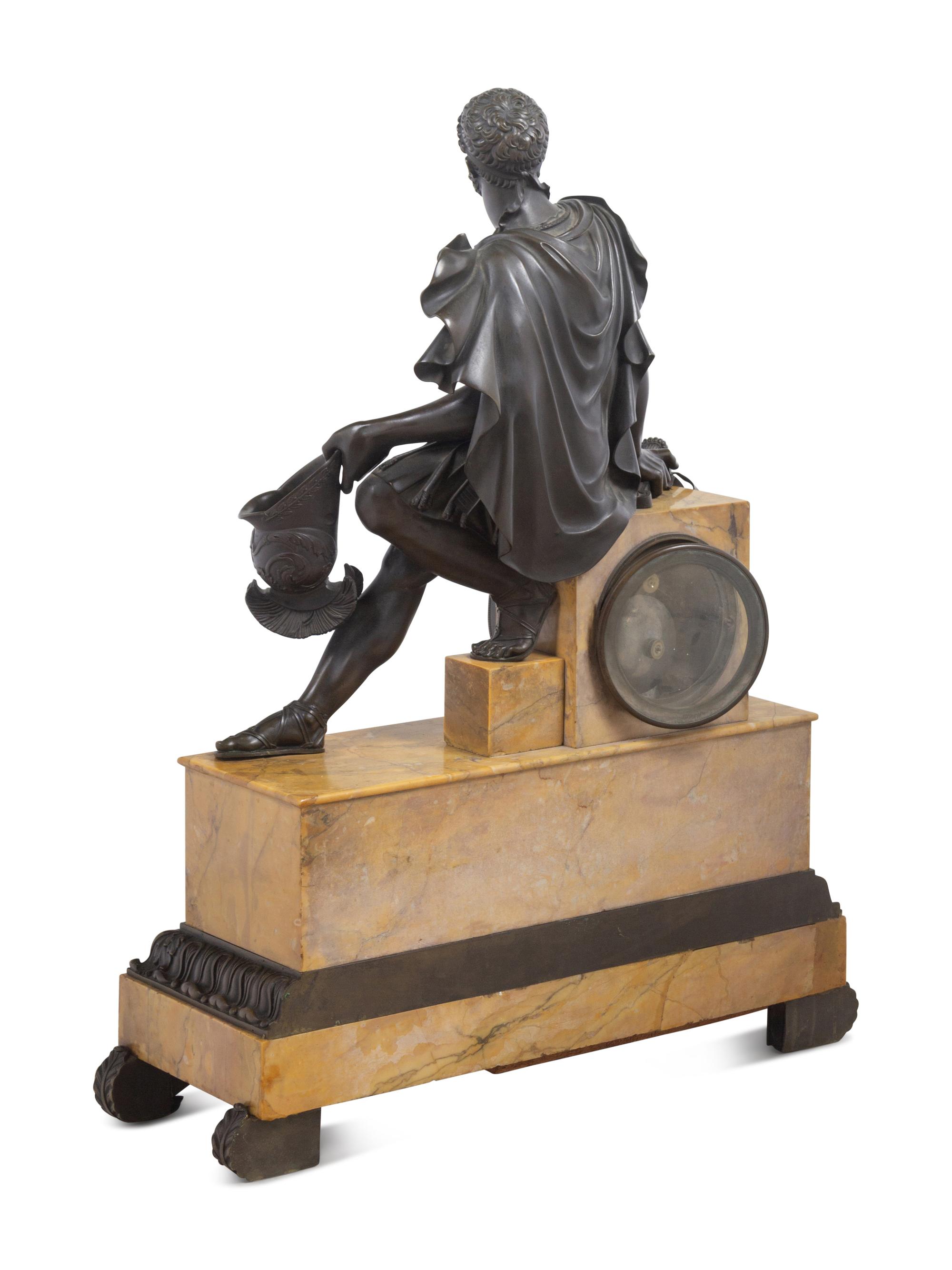 A French Patinated Bronze and Sienna Marble Mantel Clock by Honoré Pons