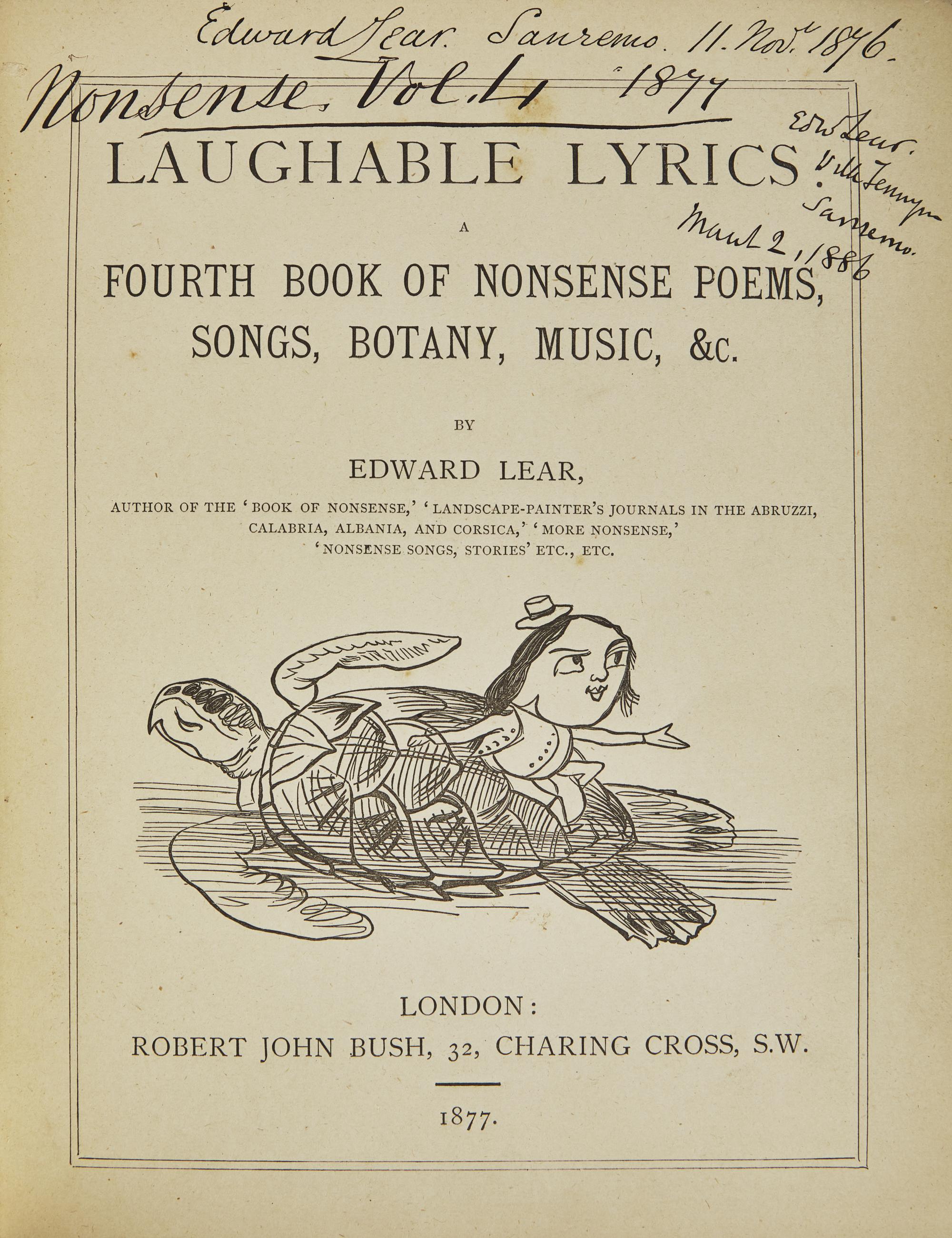 Lear, Edward. Laughable Lyrics. A Fourth Book of Nonsense Poems, Songs, Botany, Music, &c.