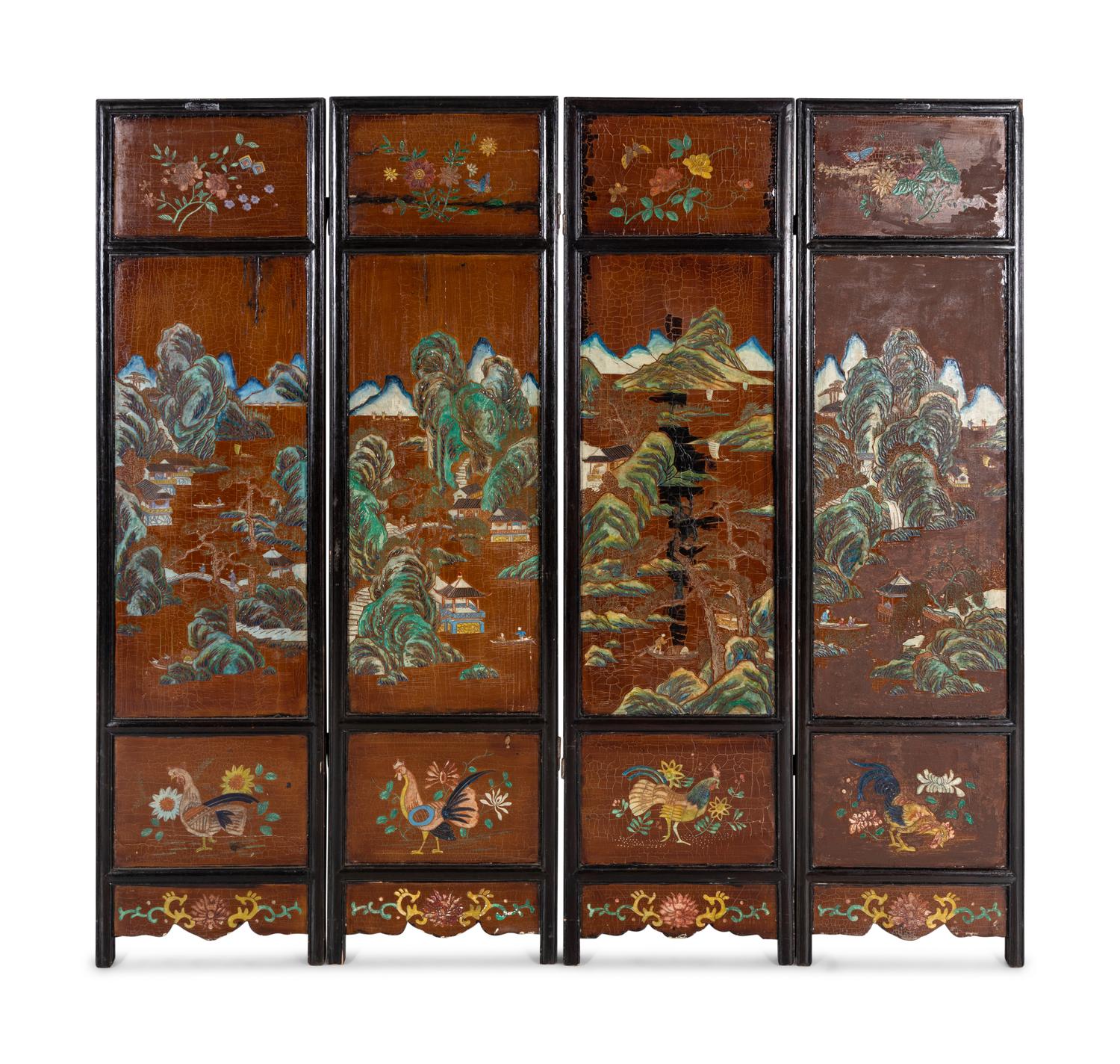 A Chinese Painted Four Panel Floor Screen