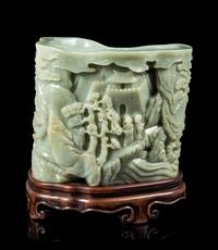 A Large Carved Celadon Jade Brushpot, Bitong Height 10 1/2 inches. — LATE 19TH/EARLY 20TH CENTURY