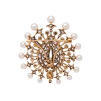THEODORE B. STARR, EDWARDIAN, DIAMOND AND CULTURED PEARL LEAF BROOCH PENDANT