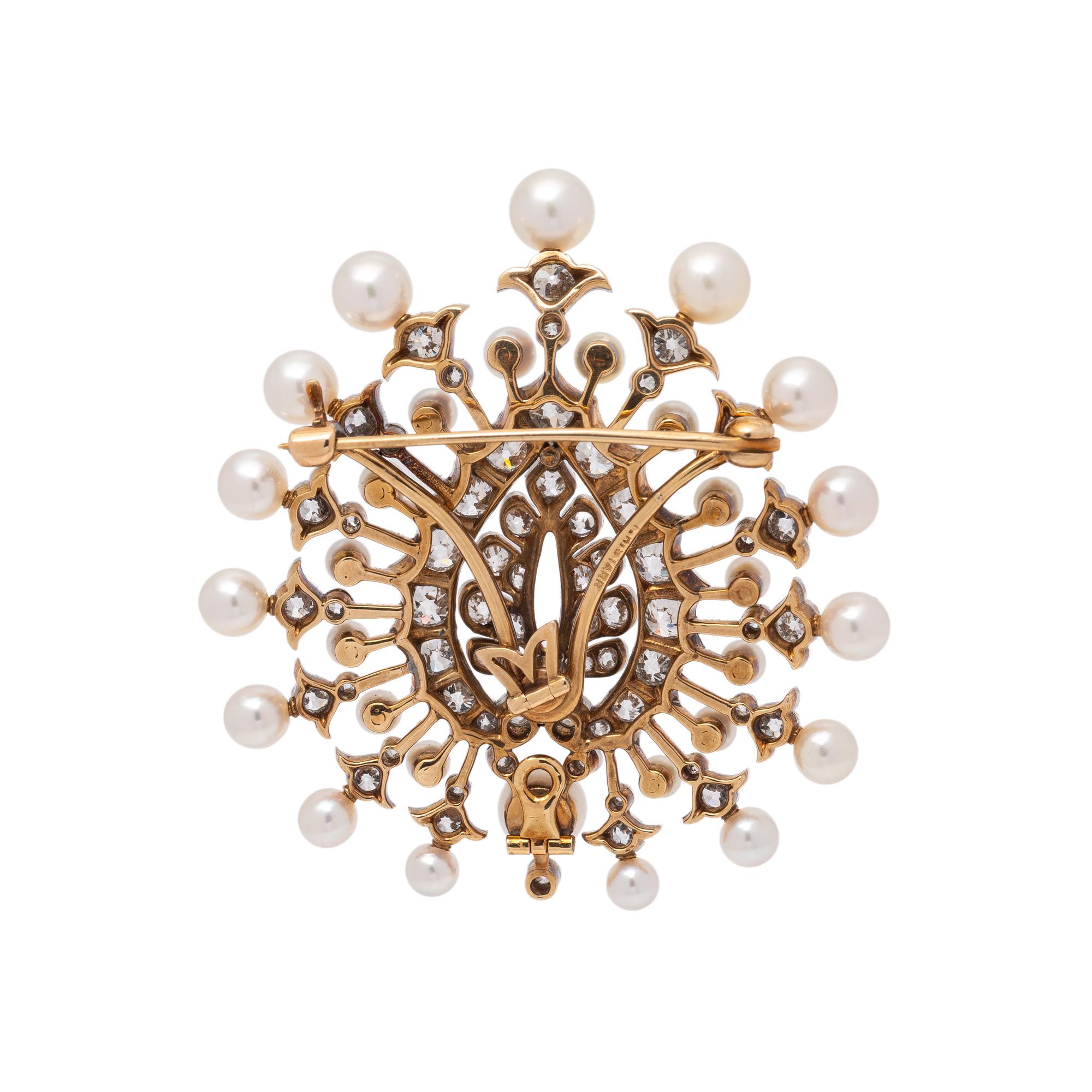 THEODORE B. STARR, EDWARDIAN, DIAMOND AND CULTURED PEARL LEAF BROOCH PENDANT