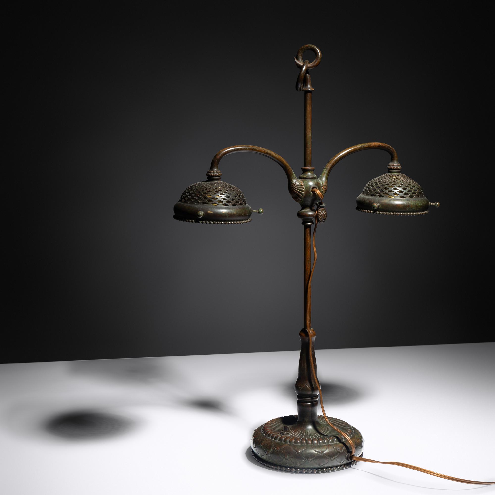 Linenfold student double lamp base, c. 1910 Tiffany Studios, USA