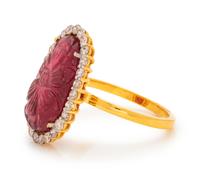 An 18 Karat Yellow Gold Carved Tourmaline and Diamond Ring,