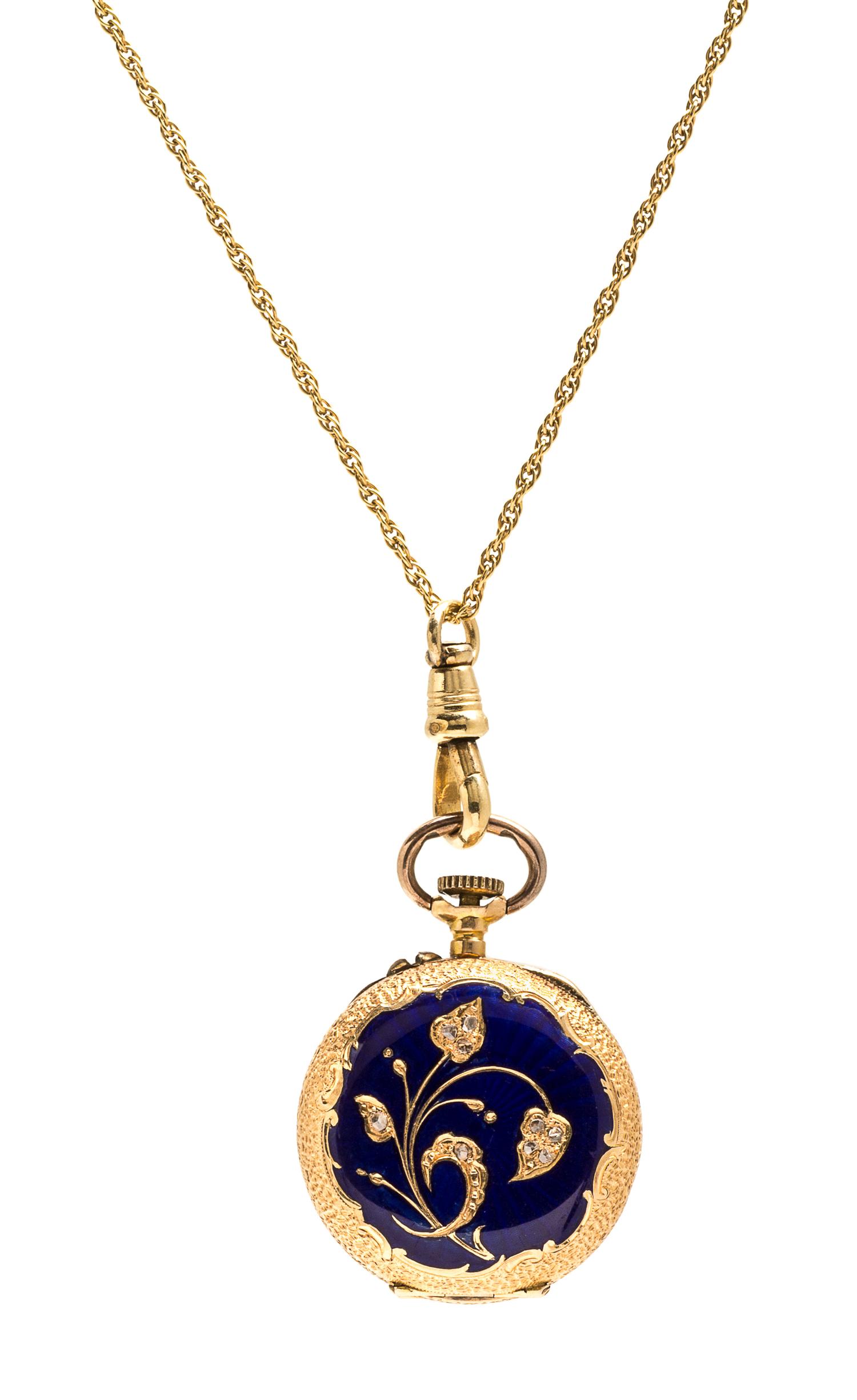 An 18 Karat Yellow Gold, Enamel and Diamond Pendant Watch, 11.80 dwts.