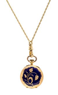 An 18 Karat Yellow Gold, Enamel and Diamond Pendant Watch, 11.80 dwts.