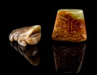 Two Carved Jade Toggles Width of wider 1 3/16 inches.