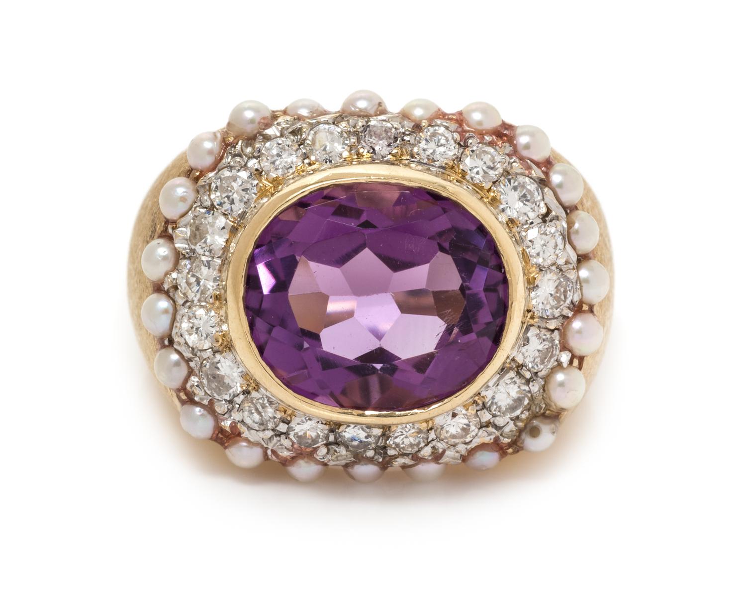 An 18 Karat Yellow Gold, Amethyst, Diamond and Cultured Pearl Ring, 13.80 dwts.