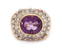 An 18 Karat Yellow Gold, Amethyst, Diamond and Cultured Pearl Ring, 13.80 dwts.