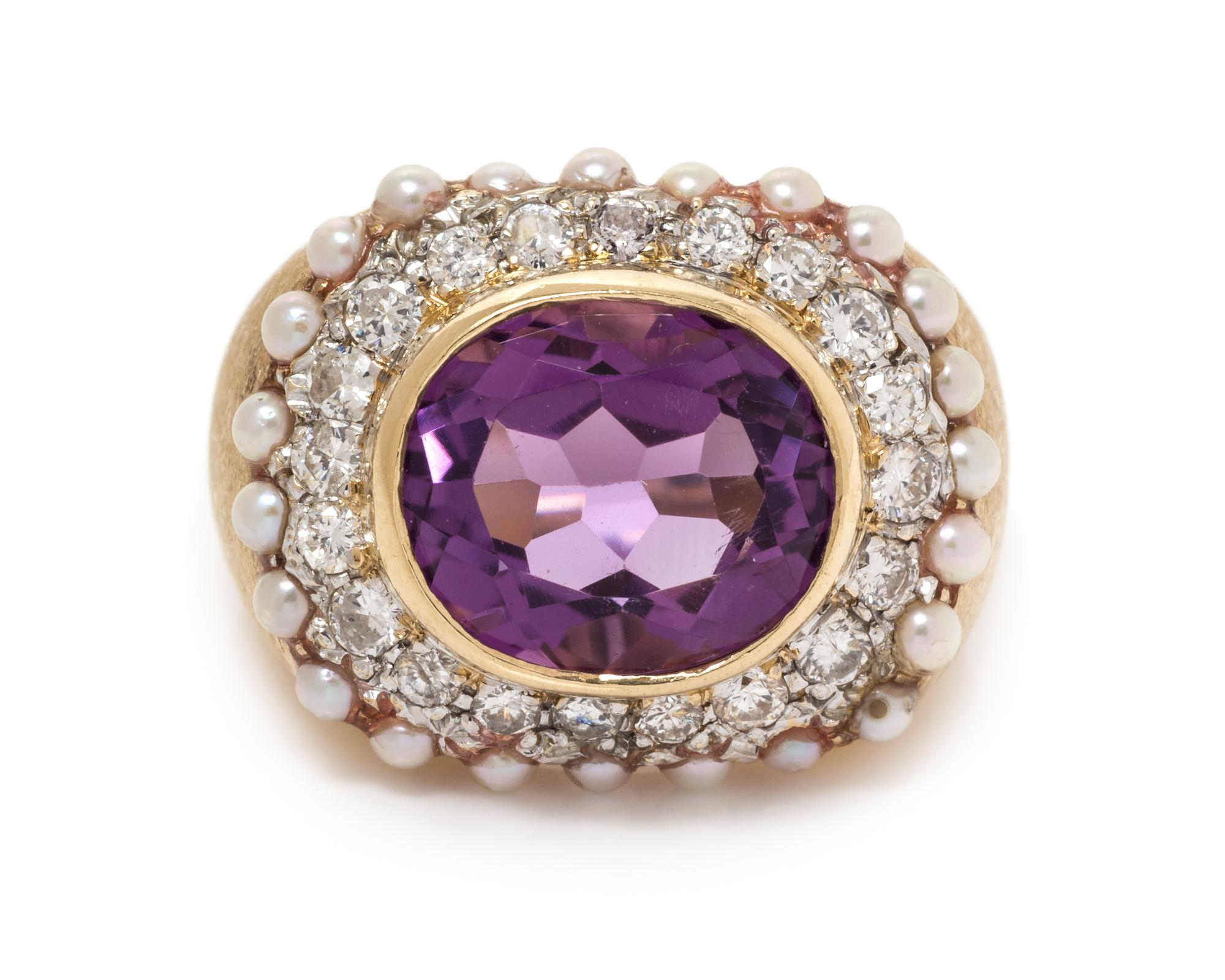 An 18 Karat Yellow Gold, Amethyst, Diamond and Cultured Pearl Ring, 13.80 dwts.