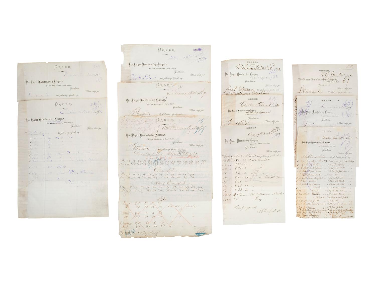 [BUSINESS & INDUSTRY]. Extensive manuscript archive involving the Singer Manufacturing Company and associated employees, agents, manufacturers, and clients.
