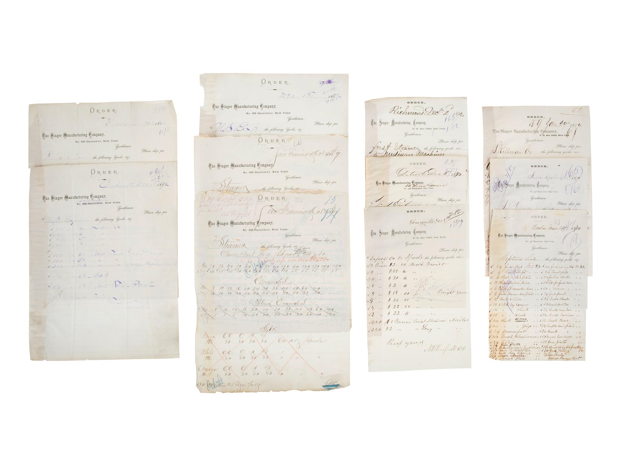 [BUSINESS & INDUSTRY]. Extensive manuscript archive involving the Singer Manufacturing Company and associated employees, agents, manufacturers, and clients.