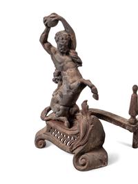 A Pair of Continental Iron Andirons with Hercules and the Nemean Lion