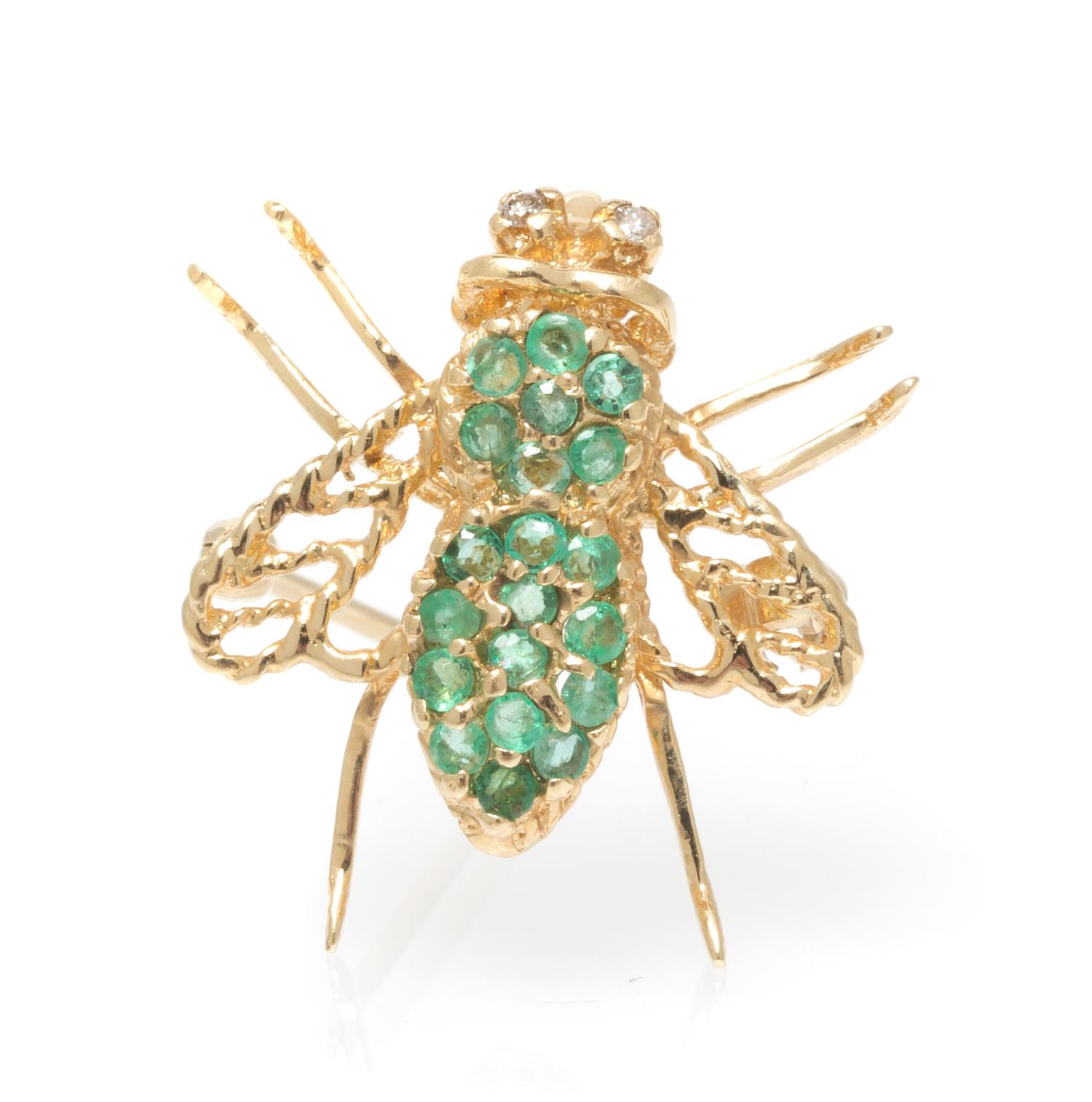 A 14 Karat Yellow Gold, Diamond and Emerald Bee Pin, 1.60 dwts.