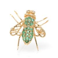 A 14 Karat Yellow Gold, Diamond and Emerald Bee Pin, 1.60 dwts.