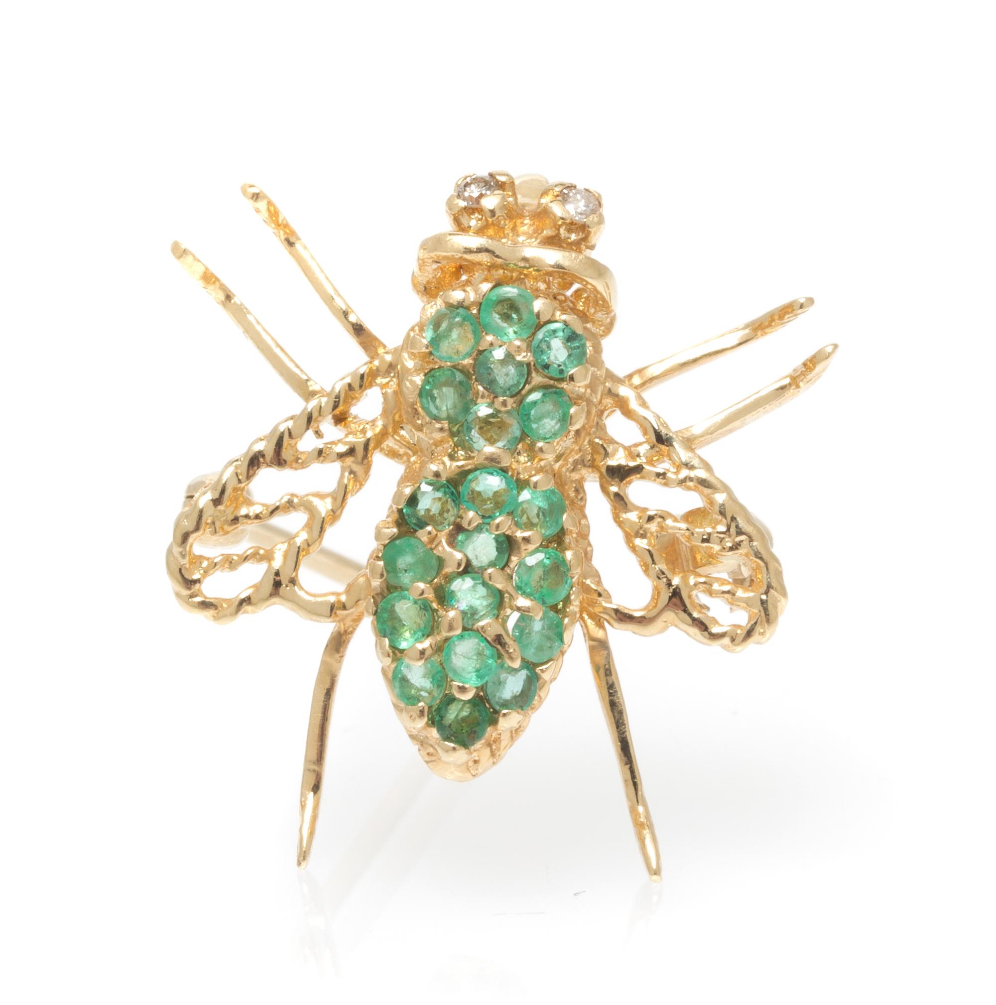 A 14 Karat Yellow Gold, Diamond and Emerald Bee Pin, 1.60 dwts.