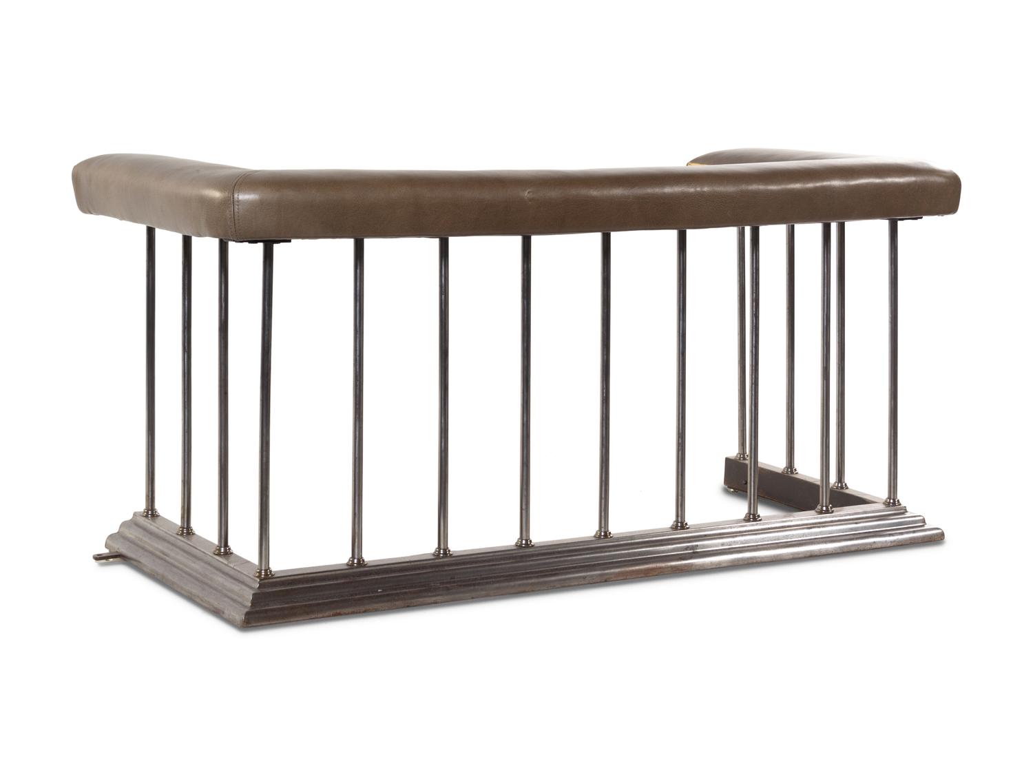A Chromed Metal and Leather-Upholstered Fireplace Bench and a Brass Fire Fender