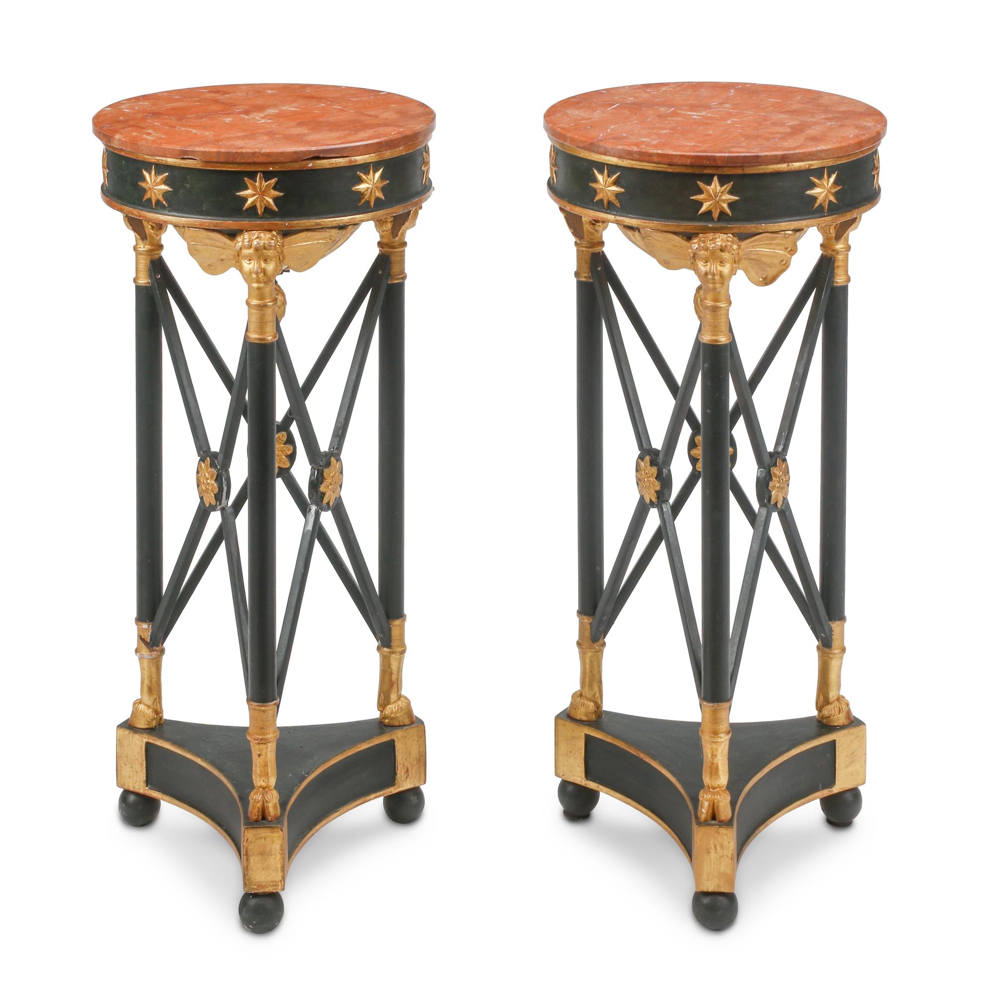 A Pair of Neoclassical Style Painted and Parcel Gilt Marble-Top Tables