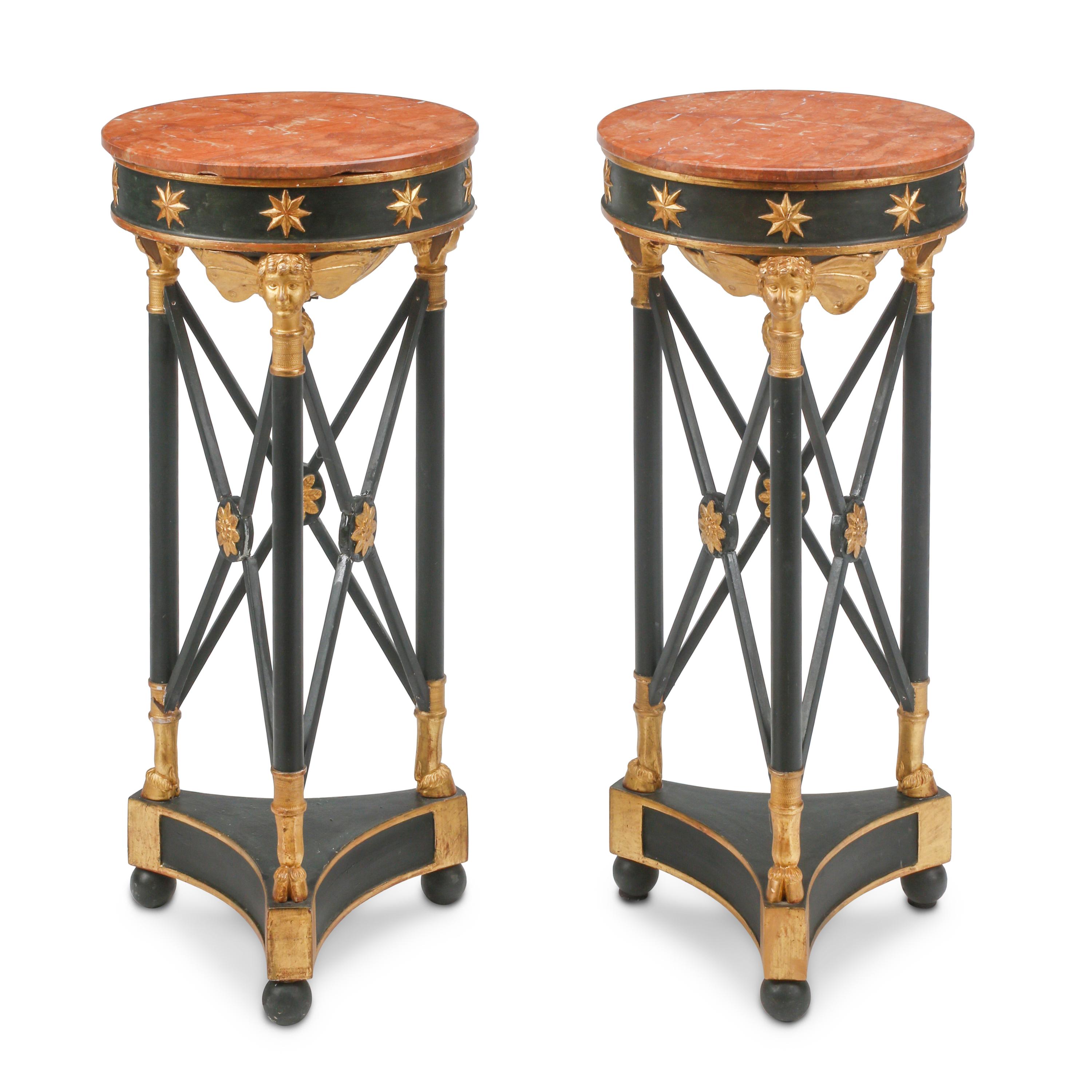 A Pair of Neoclassical Style Painted and Parcel Gilt Marble-Top Tables