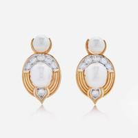 A Pair of Pearl, Diamond, and 14K Gold Earrings