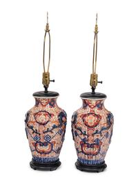 A Pair of Imari Palette Porcelain Vases Mounted as Lamps