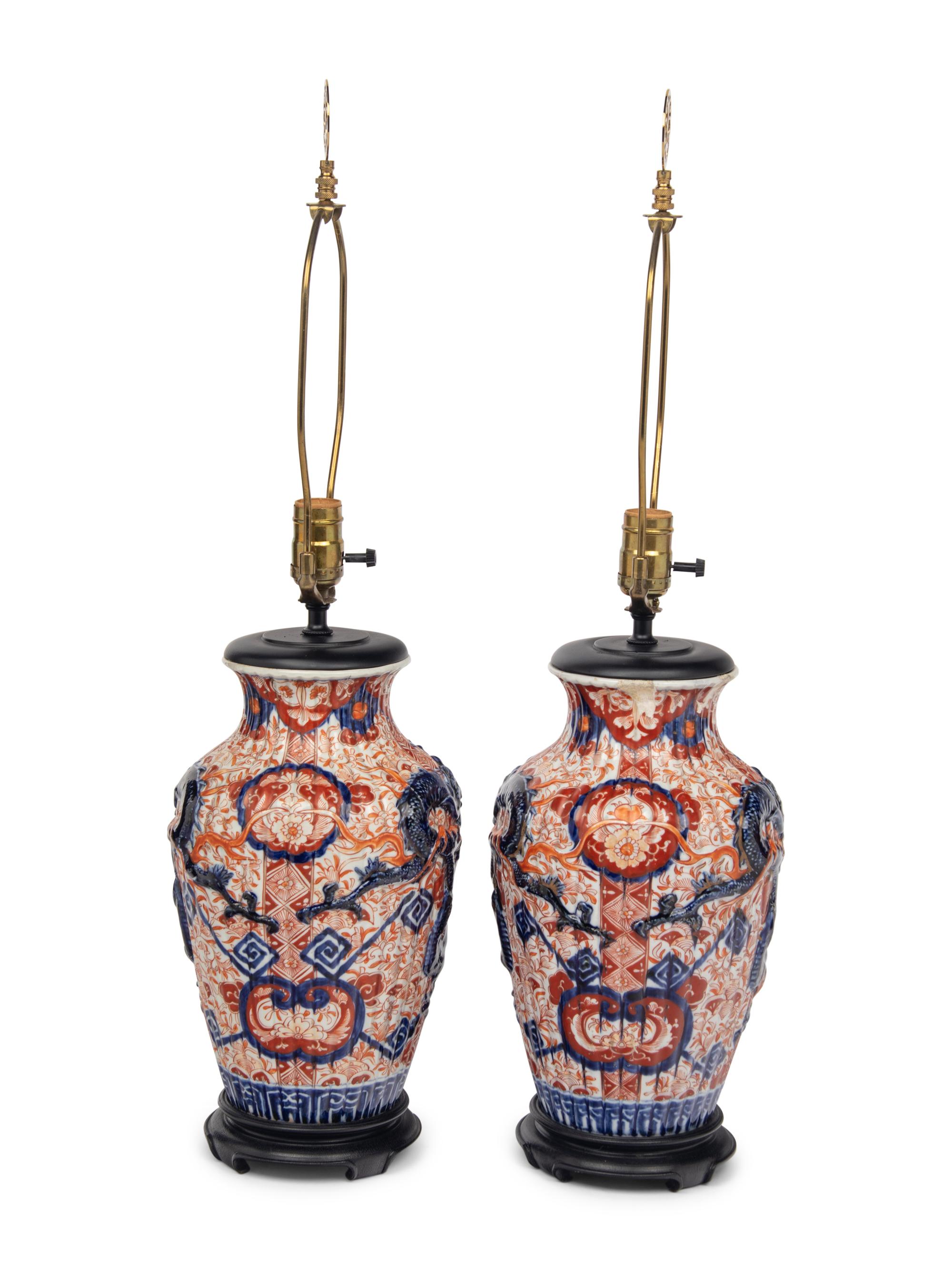 A Pair of Imari Palette Porcelain Vases Mounted as Lamps