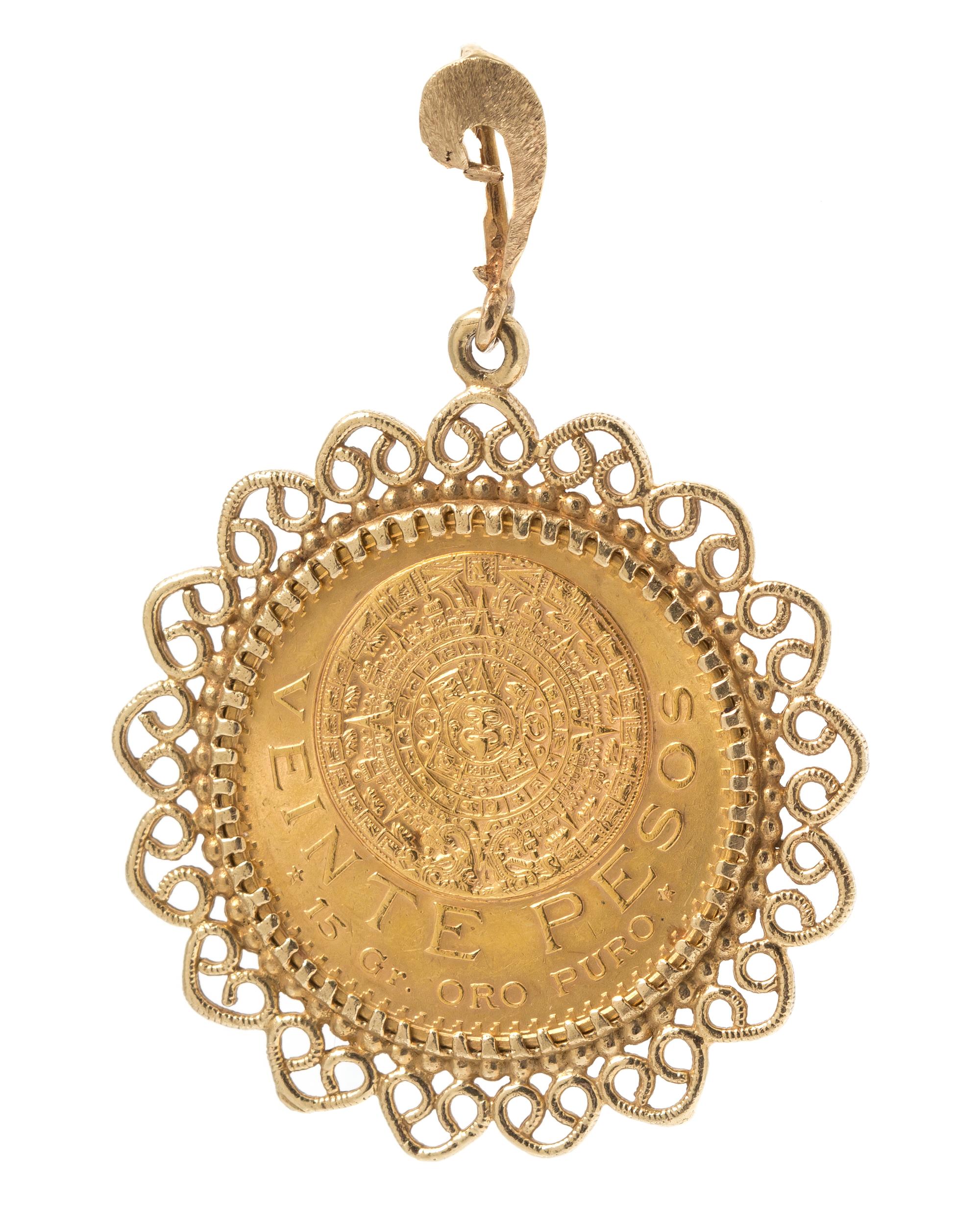 A Yellow Gold and Mexican 20 Peso Gold Coin Pendant, 15.60 dwts.