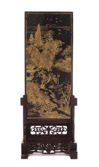A Gilt Decorated Spinach Jade Table Screen Height 9 x width 4 inches.
