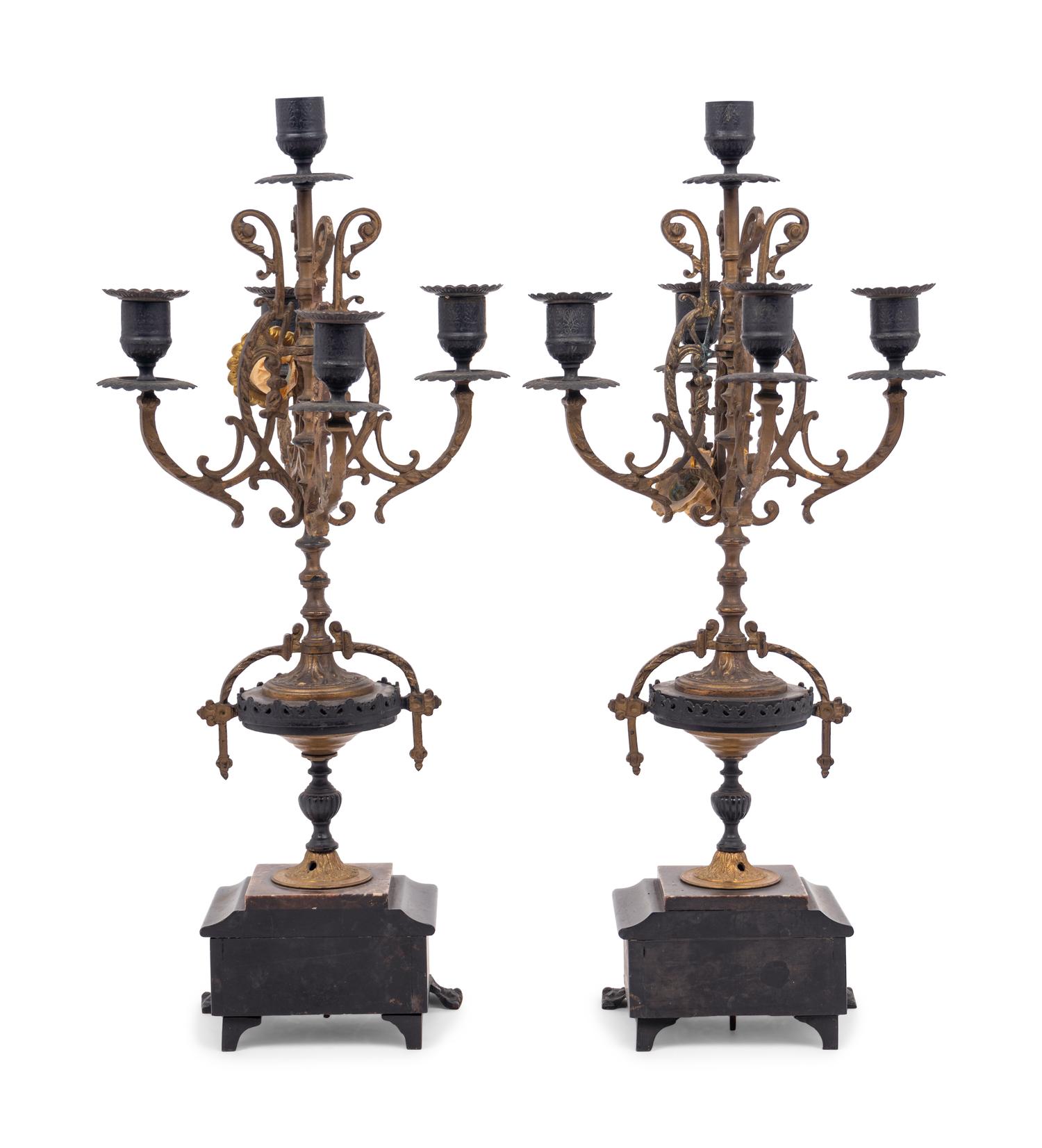 A Pair of French Cast Metal and Slate Five-Light Candelabra