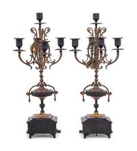 A Pair of French Cast Metal and Slate Five-Light Candelabra