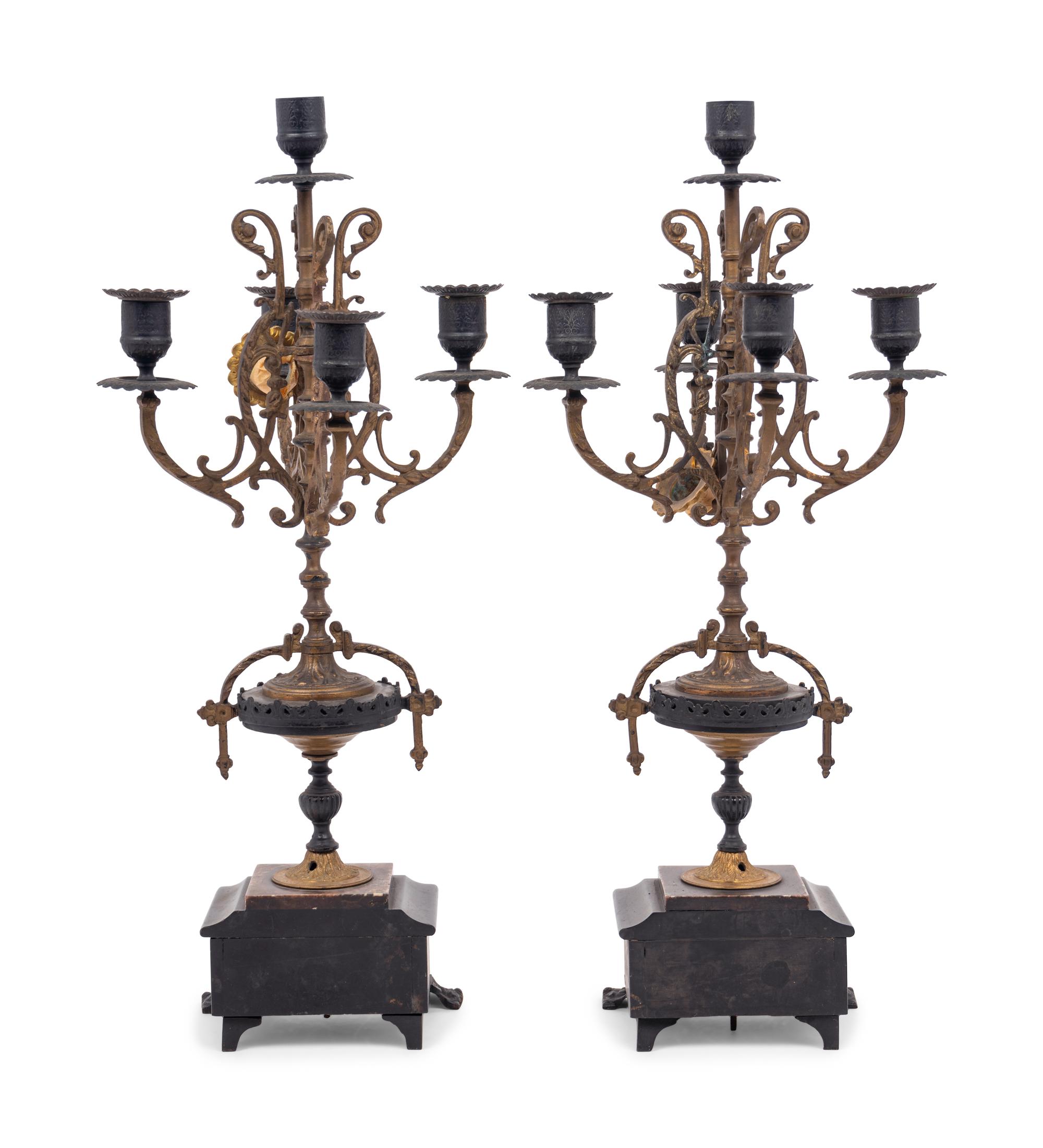 A Pair of French Cast Metal and Slate Five-Light Candelabra