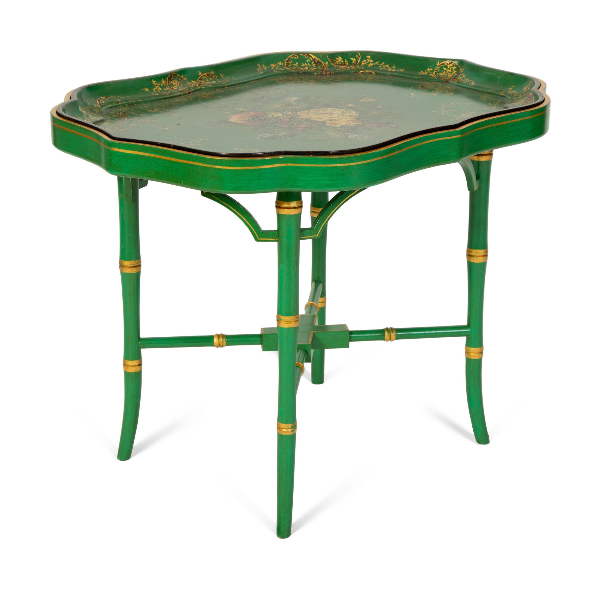 A Regency Green and Gilt Lacquer Papier Mache Tray Table — 19TH CENTURY
