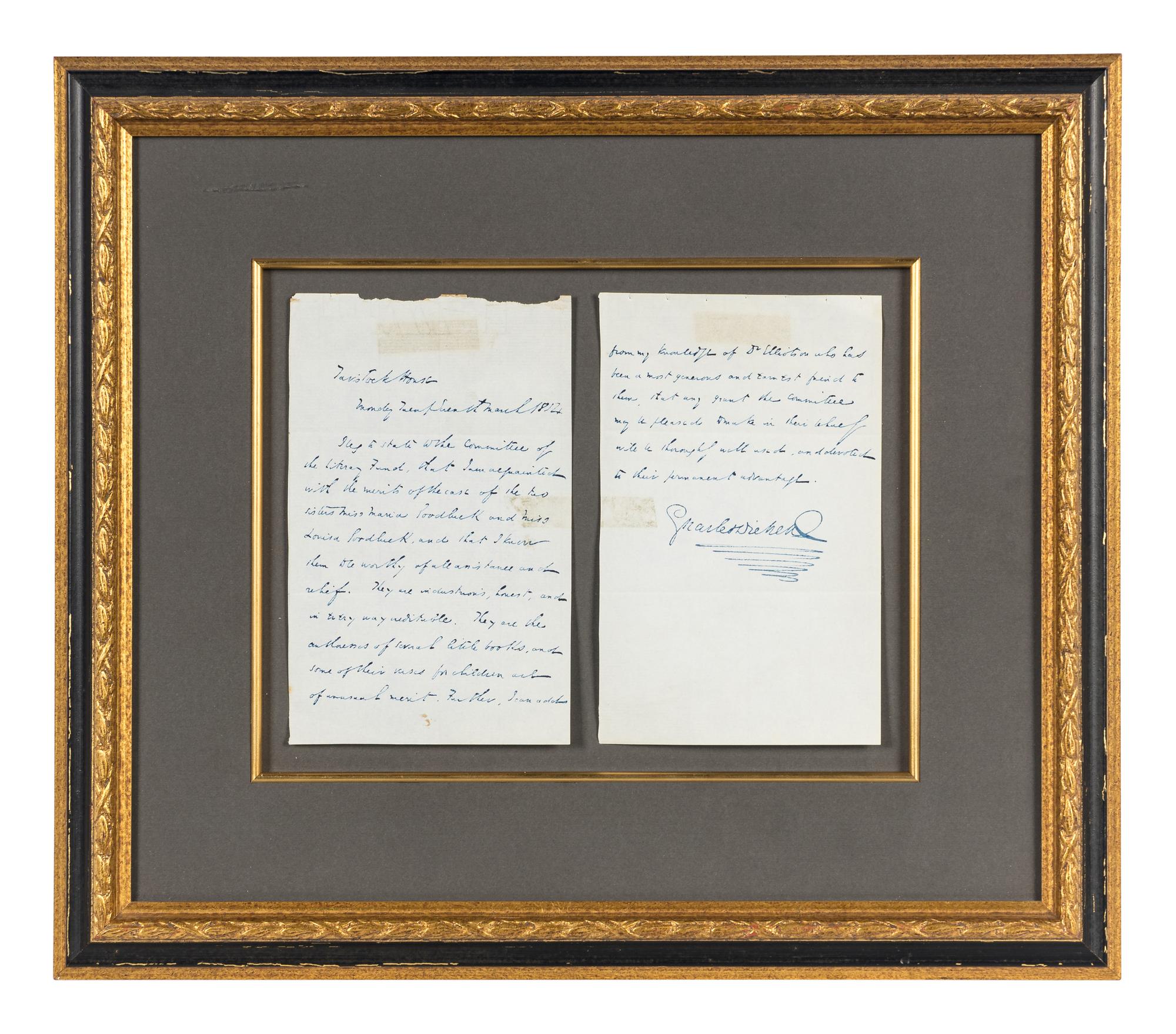 DICKENS, Charles (1812-1870). Autograph letter signed (“Charles Dickens”), to the Committee of the Royal Literary Fund [in text], 27 March 1854.