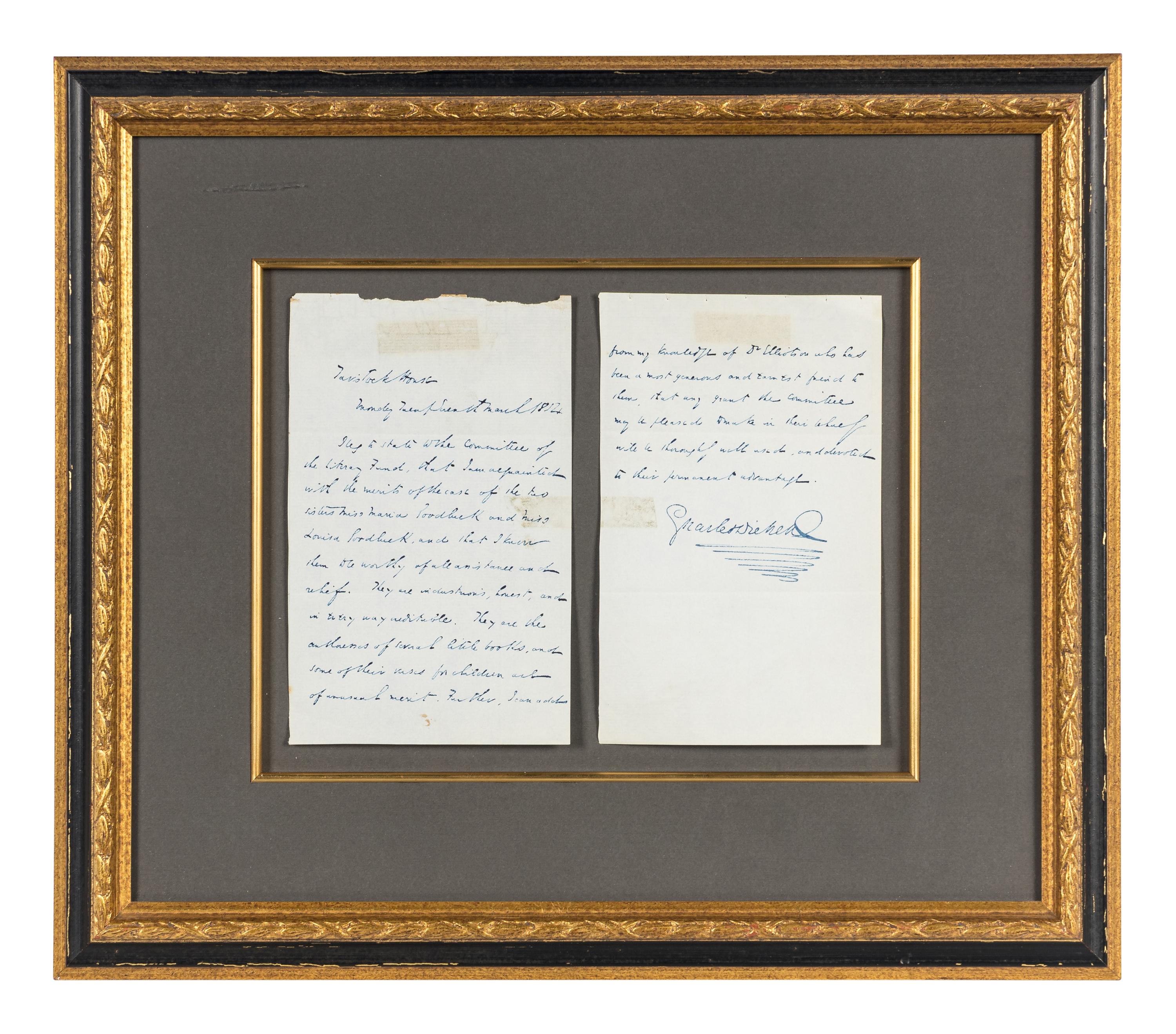 DICKENS, Charles (1812-1870). Autograph letter signed (“Charles Dickens”), to the Committee of the Royal Literary Fund [in text], 27 March 1854.