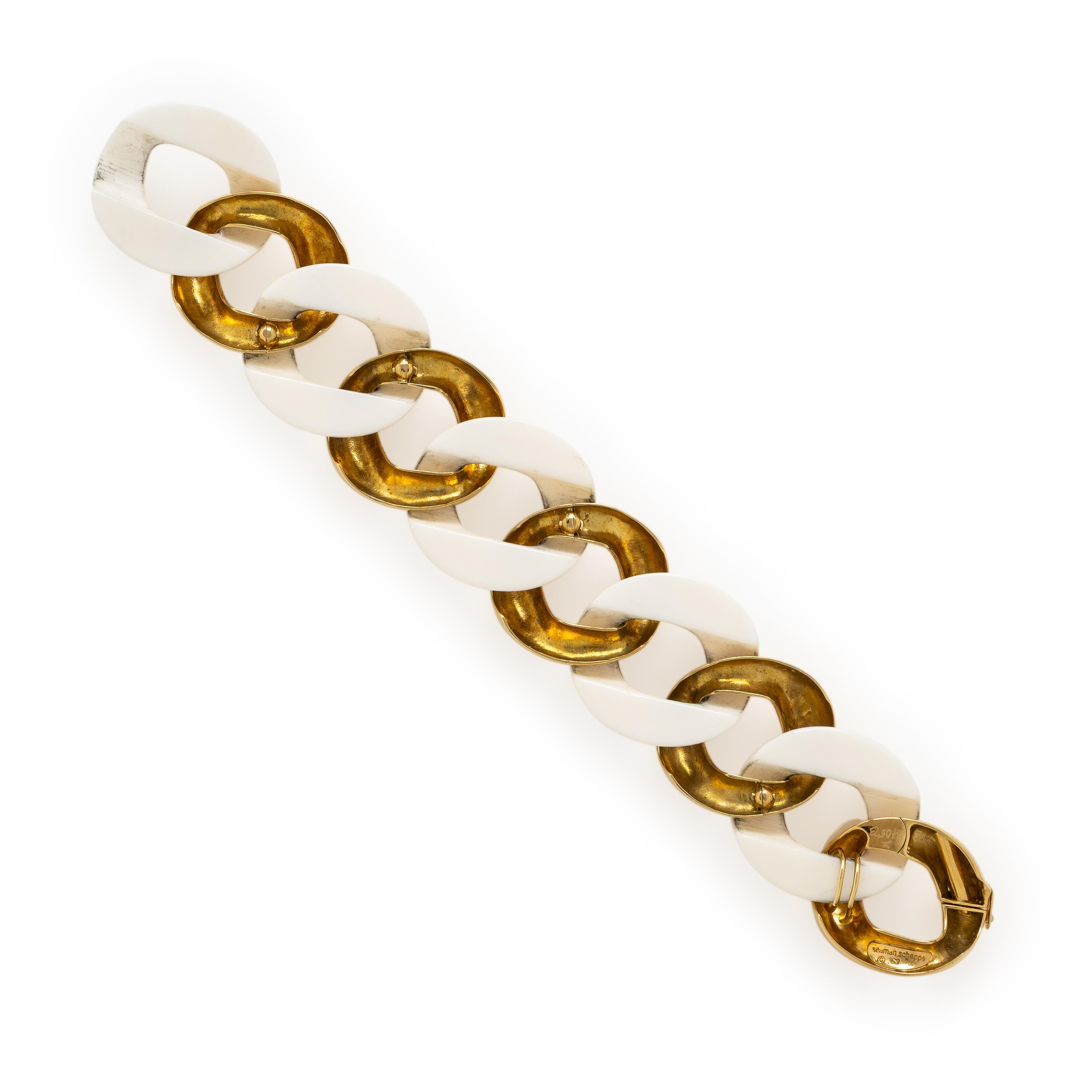 Seaman Schepps, 'Classic Link', Yellow Gold and Cacholong Bracelet