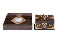 An English Brass and Agate-Mounted Letter Box and a Bisque Plaque-Mounted Calamander Writing Box