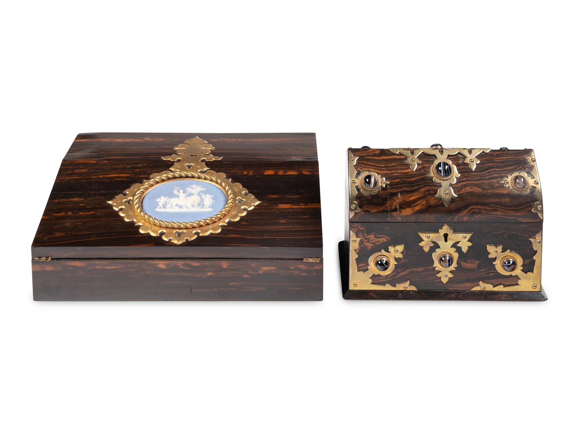 An English Brass and Agate-Mounted Letter Box and a Bisque Plaque-Mounted Calamander Writing Box