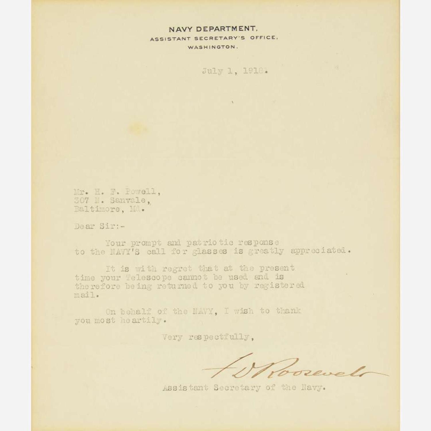 [Presidential] Roosevelt, Franklin Delano Typed letter, signed