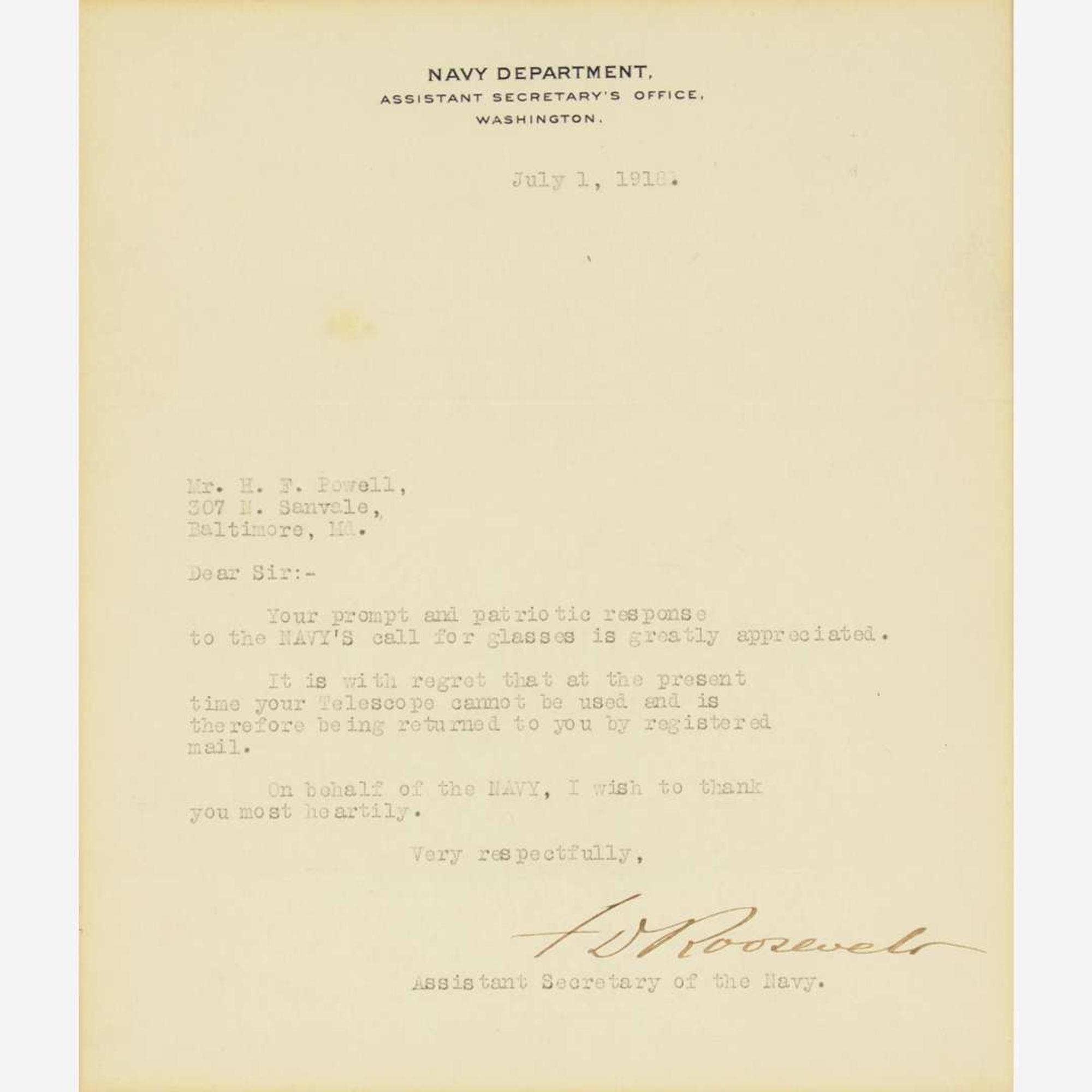[Presidential] Roosevelt, Franklin Delano Typed letter, signed