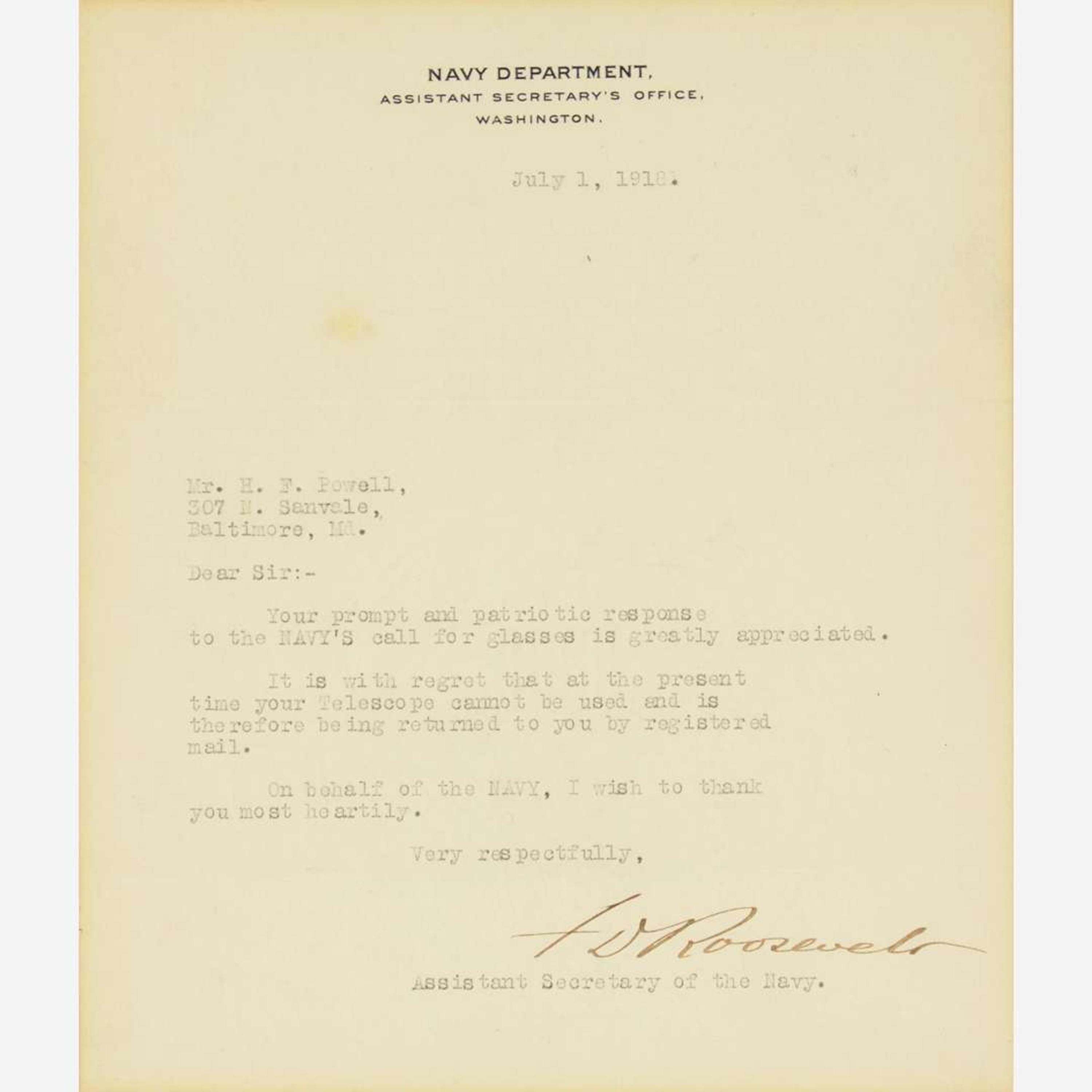 [Presidential] Roosevelt, Franklin Delano Typed letter, signed