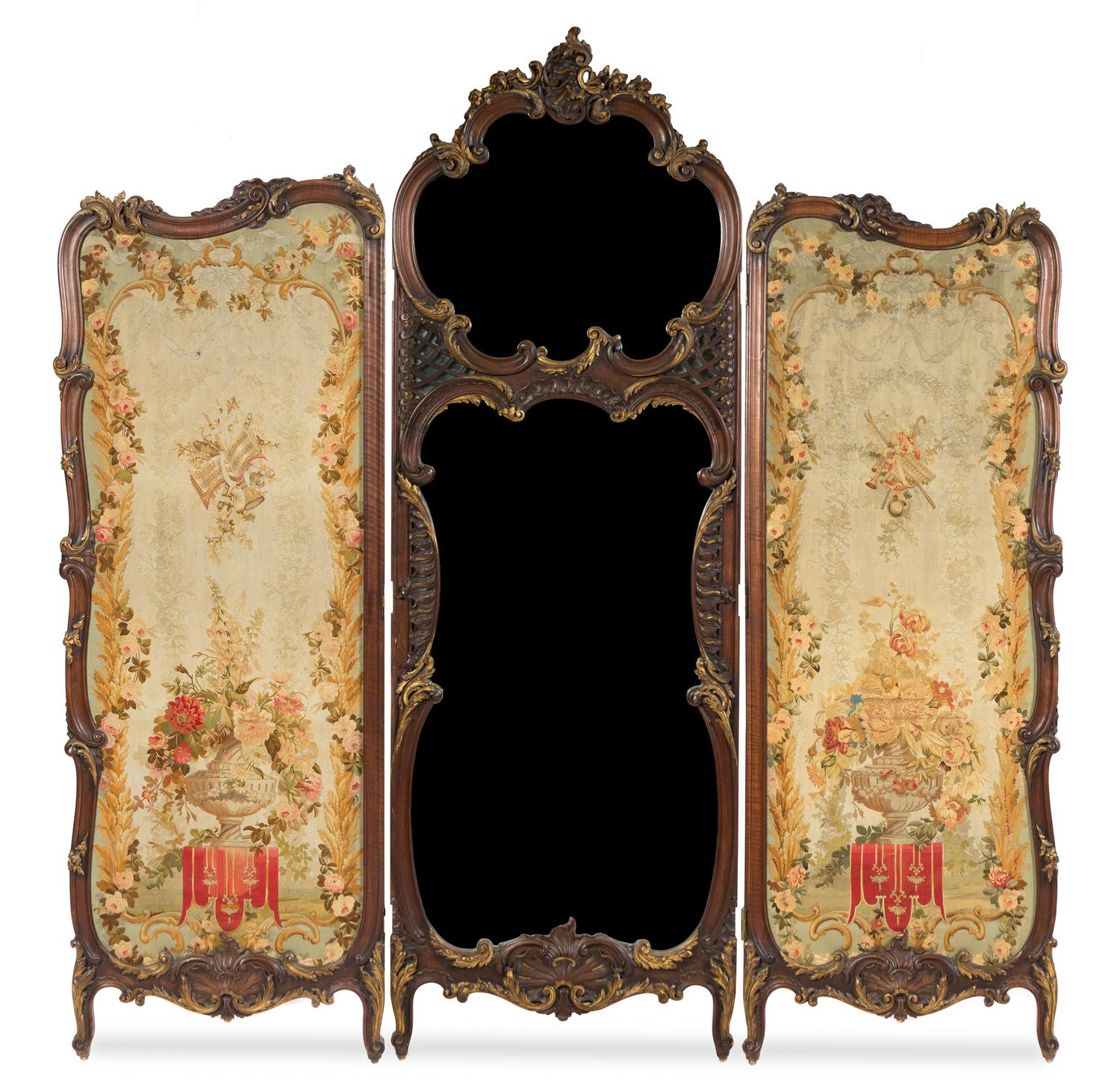 A Louis XV Style Parcel Gilt Walnut Three-Panel Floor Screen Height of center section 99 x width overall 103 inches. — LATE 19TH CENTURY