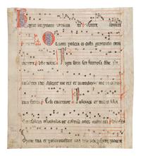 MOZARABIC ILLUMINATOR Leaf from a Mozarabic Antiphonary with a historiated initial ‘D’ depicting a female saint, in Latin, illuminated manuscript on parchment [Spain, first half(?) of the thirteenth century]