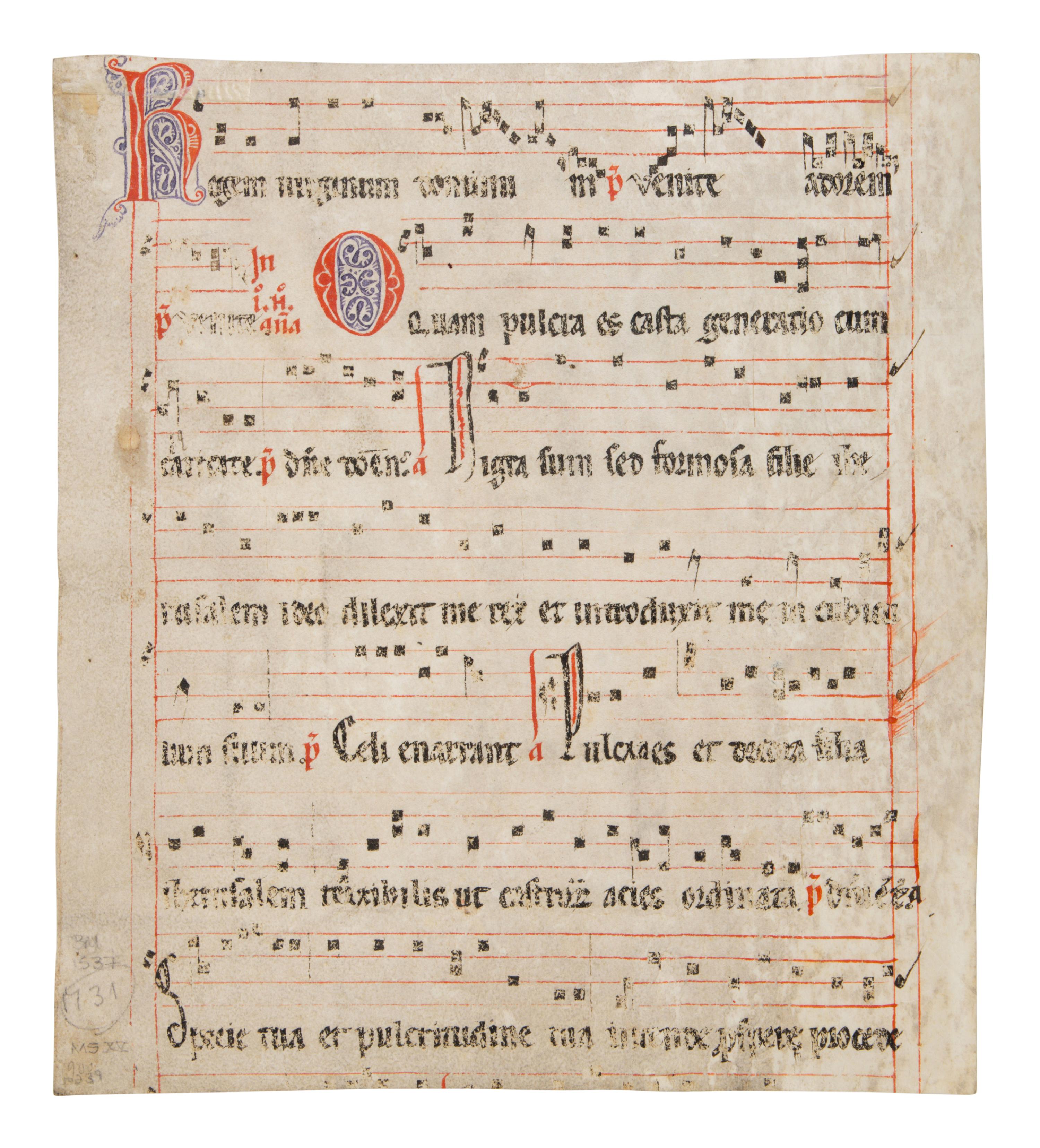 MOZARABIC ILLUMINATOR Leaf from a Mozarabic Antiphonary with a historiated initial ‘D’ depicting a female saint, in Latin, illuminated manuscript on parchment [Spain, first half(?) of the thirteenth century]