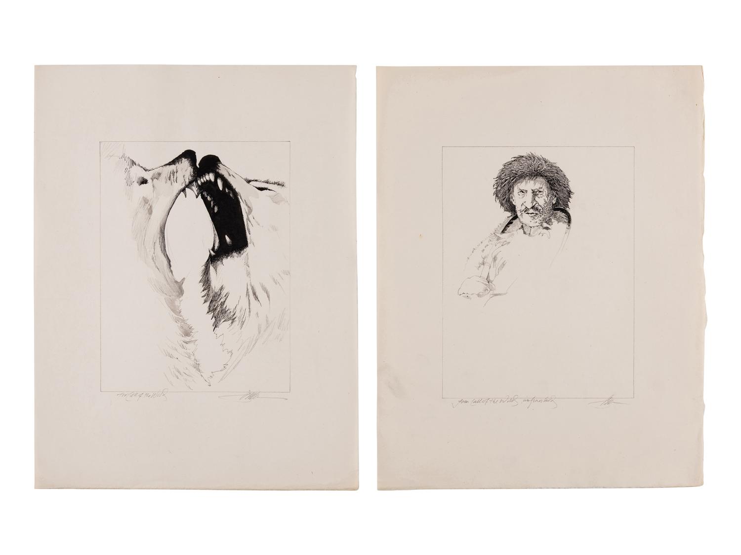 MOSER, Barry. 2 original pen & ink with wash and pencil drawings for the Macmillan edition of Jack London’s Call of the Wild (1994).