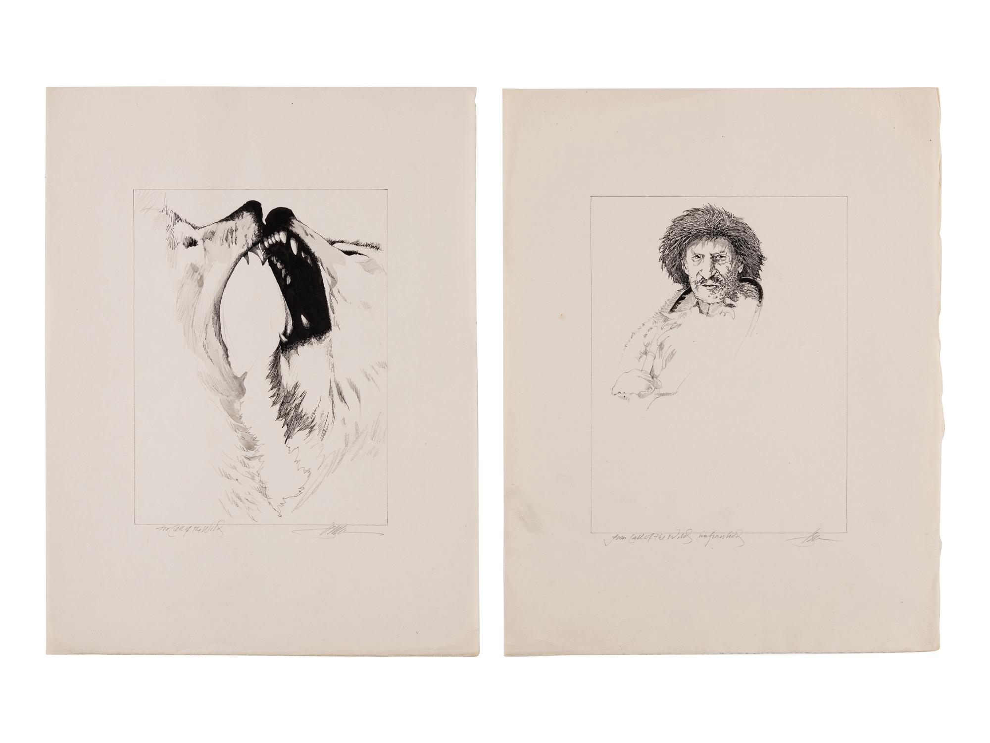 MOSER, Barry. 2 original pen & ink with wash and pencil drawings for the Macmillan edition of Jack London’s Call of the Wild (1994).