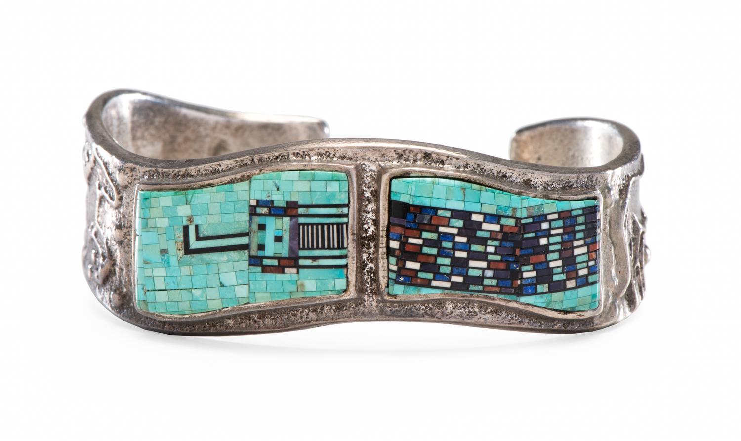 Sterling Silver Cuff Bracelet, with Micro Mosaic Inlay Lot is located and will ship from Denver, Colorado.