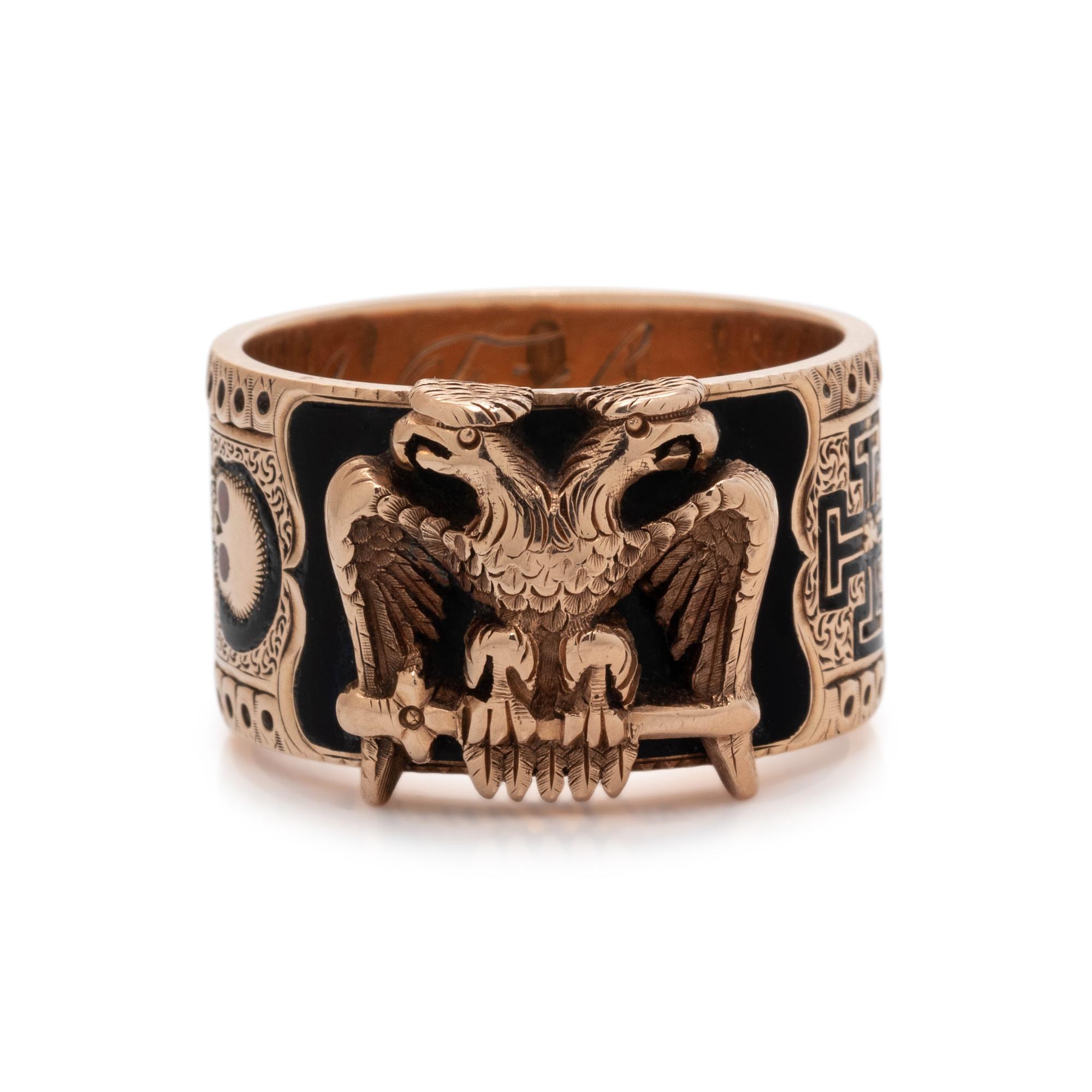 VICTORIAN, ROSE GOLD AND POLYCHROME ENAMEL MASONIC RING
