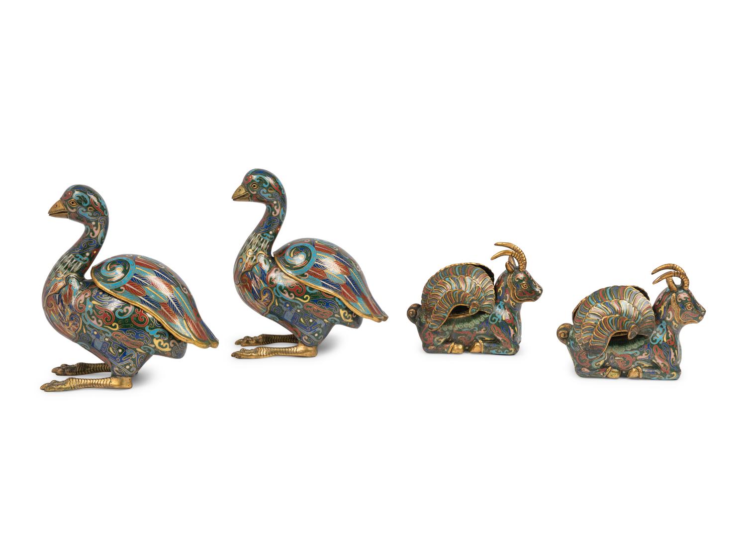 Two Pairs of Chinese Cloisonné Enamel Animal Form Vessels